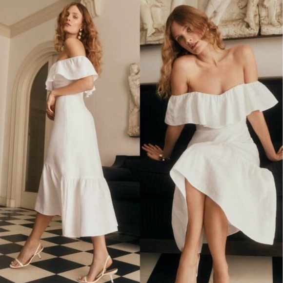 Reformation white Baela structured linen off the shoulder dress size 8 NWT - Picture 1 of 13
